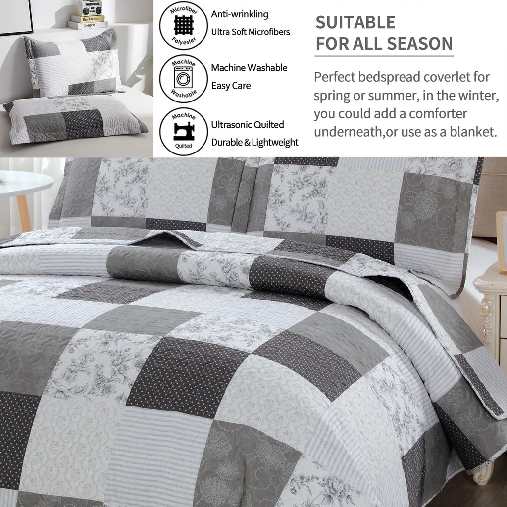 Queen/Full Size Floral Patchwork Quilt Microfiber Bedspread L628834