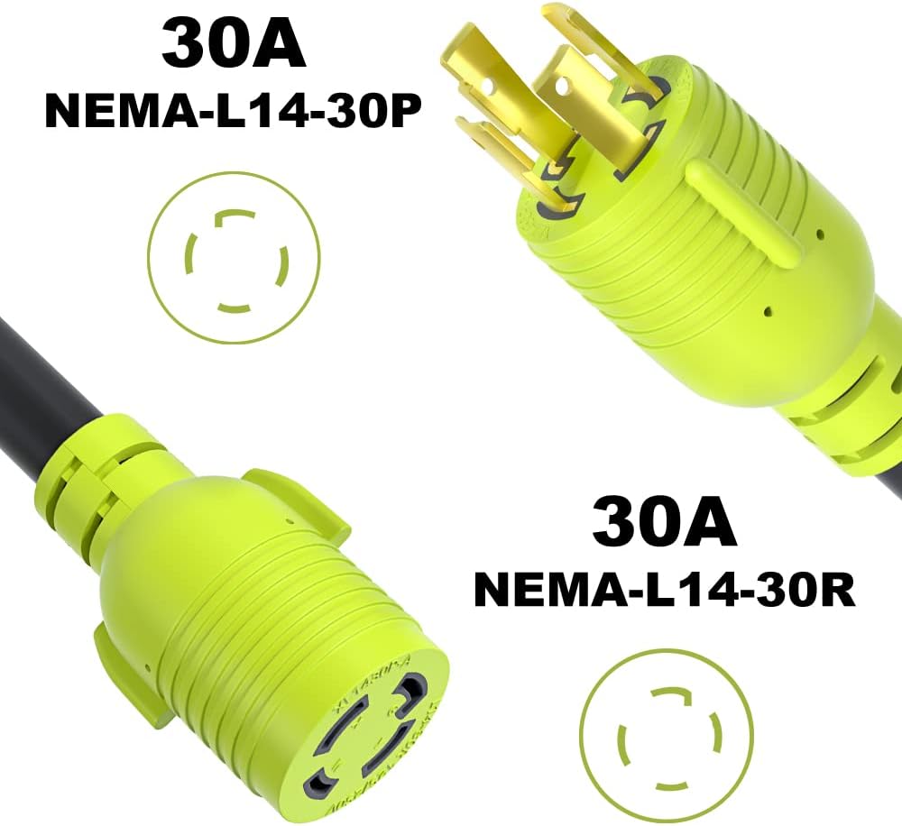 4 Prong 30 Amp Generator Extension Cord, NEMA L14-30P/L14-30R, 10 Gauge SJTW, Twist Lock Plug, 125/250V, 7500W, 20FT, Pack of 2 N260
