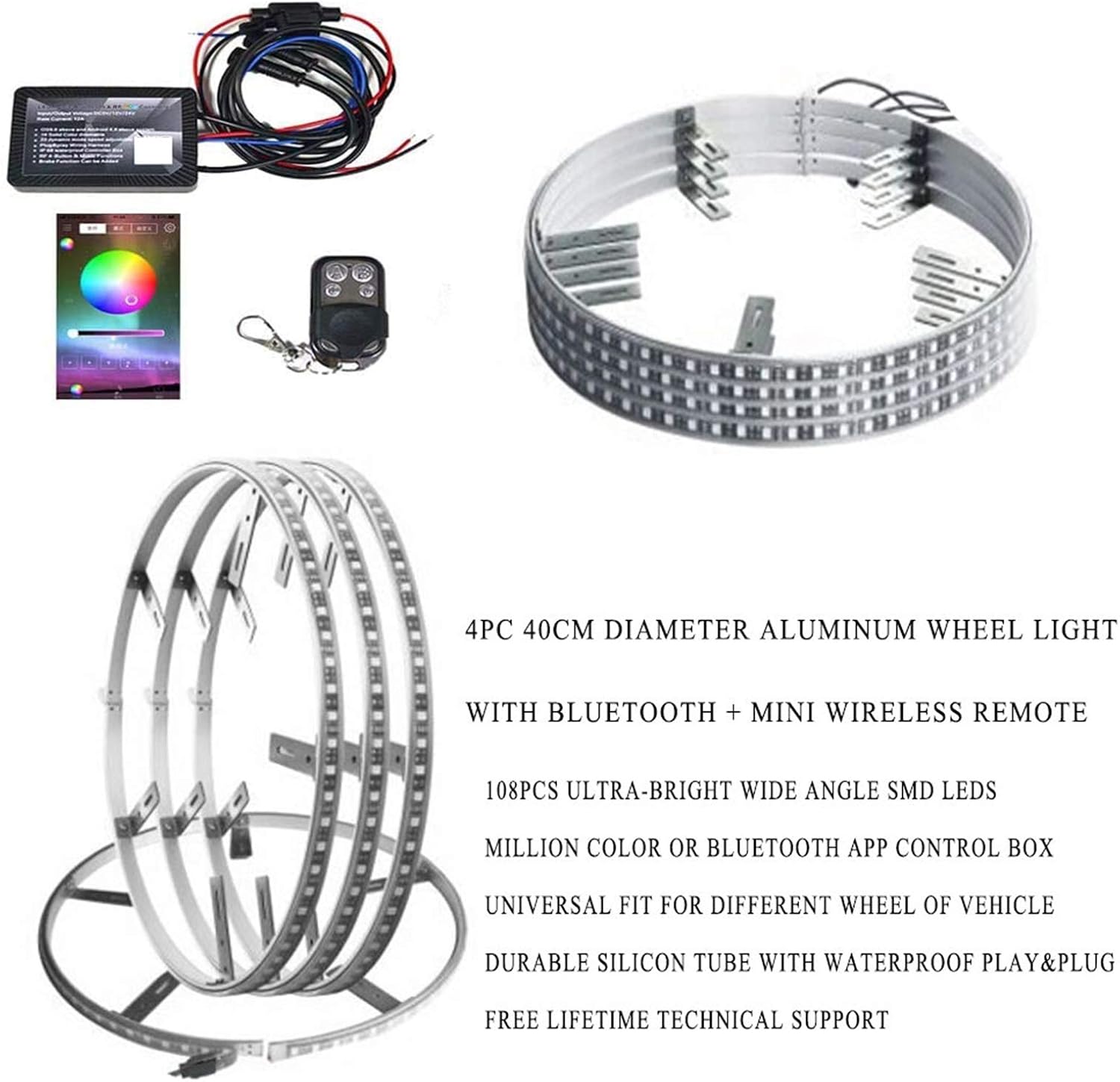 15.5 in 4 PCS 576 LEDs Double-Sided RGBW Wheel Rim Light Kit Q3432