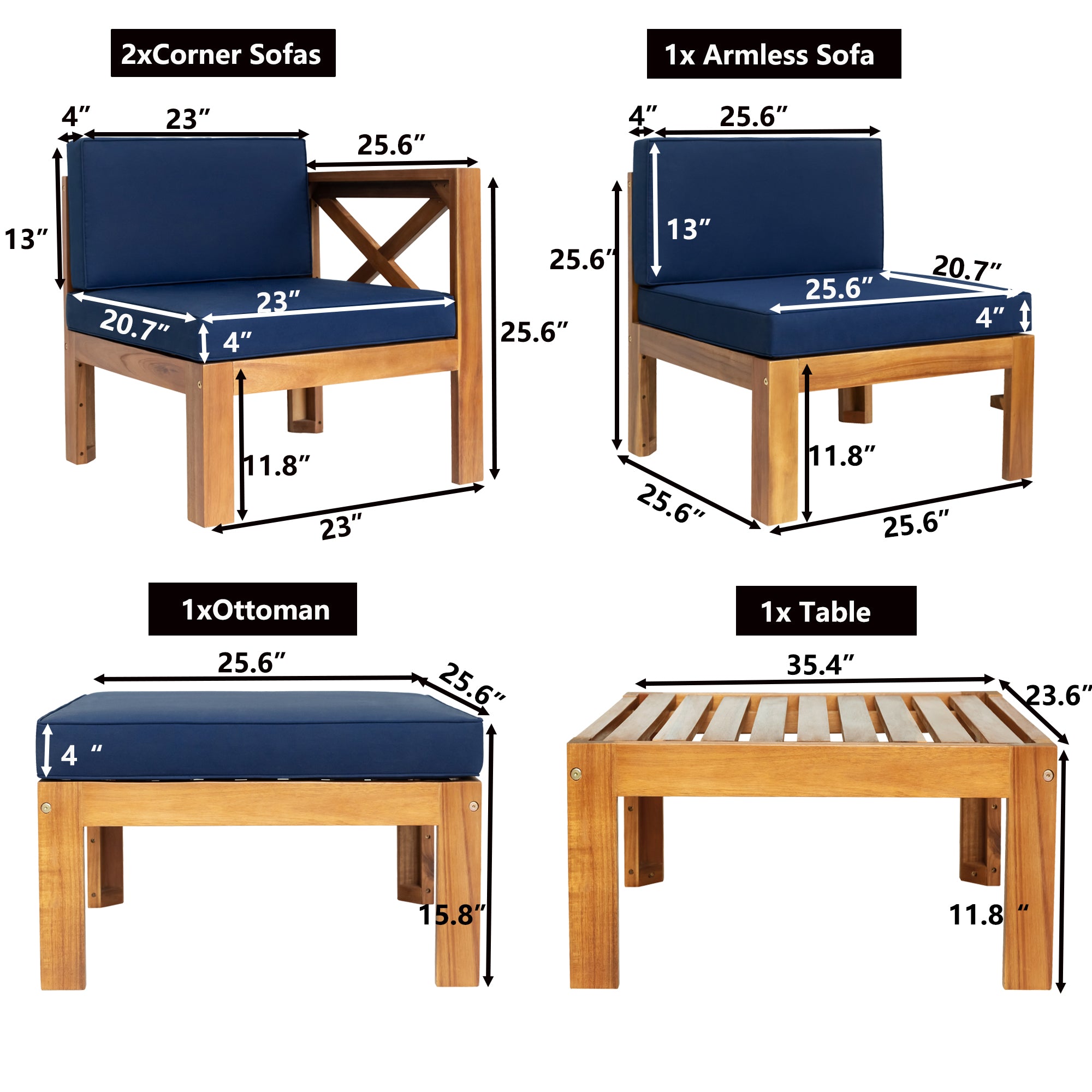 5 Piece Wood Patio Furniture Set with Blue Cushions and Coffee Table X55390