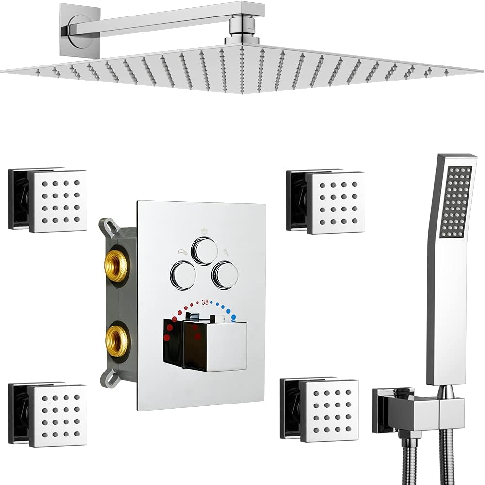 12 Inch Thermostatic Rain Shower System Wall Mounted Combo Set (Chrome) T3788