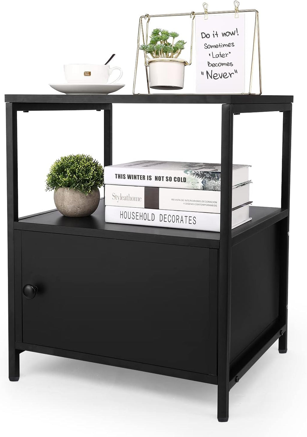 Black 3-Tier Wooden Nightstand with Storage Cabinet and Open Shelf W468602