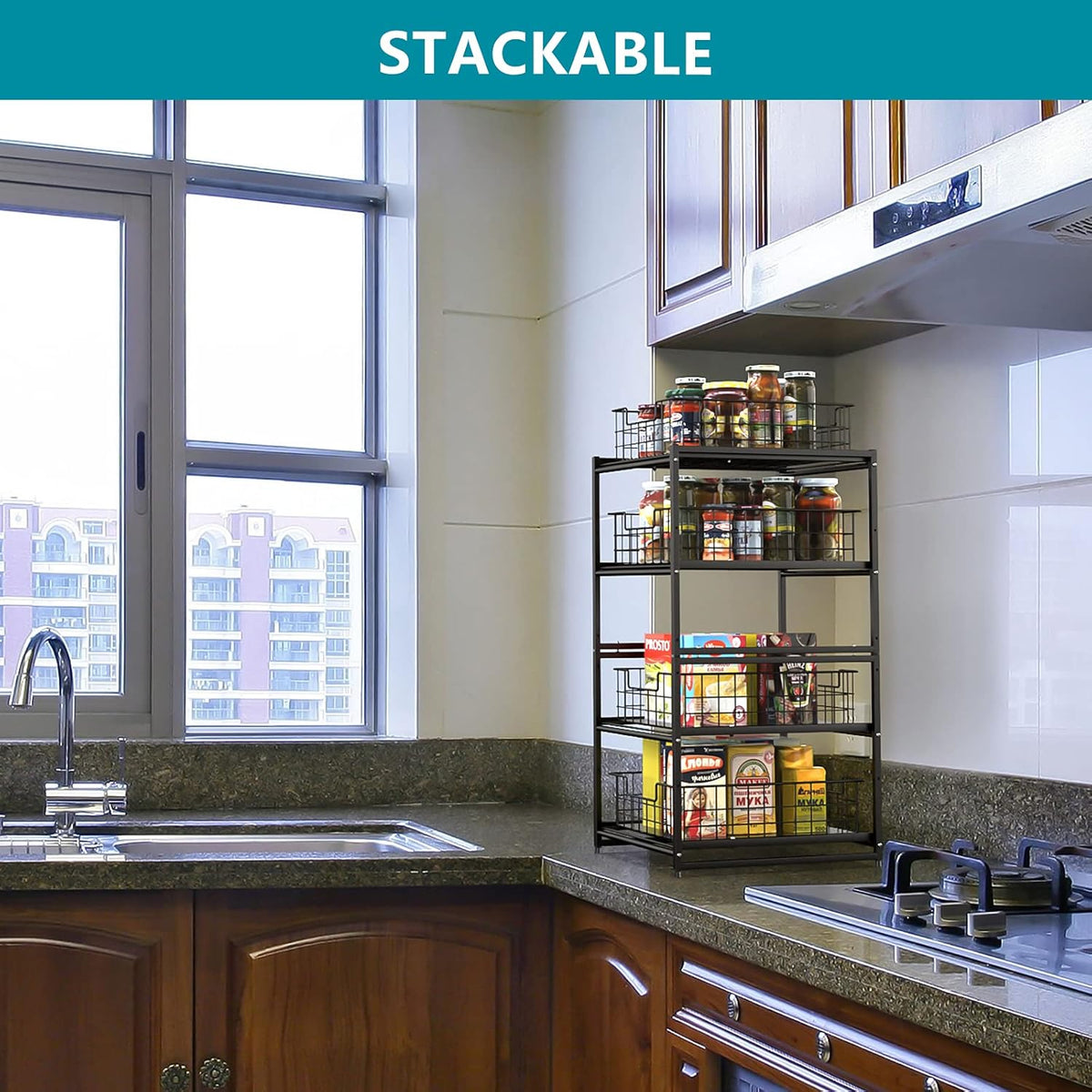 Black Stackable 2-Tier Kitchen Cabinet Organizer with Sliding Storage Basket Drawers F878456
