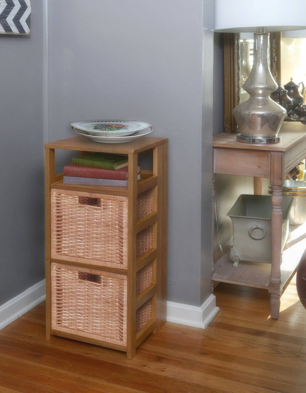 Square Folding Bookcase with 2 Full Size Wicker Storage Baskets O924