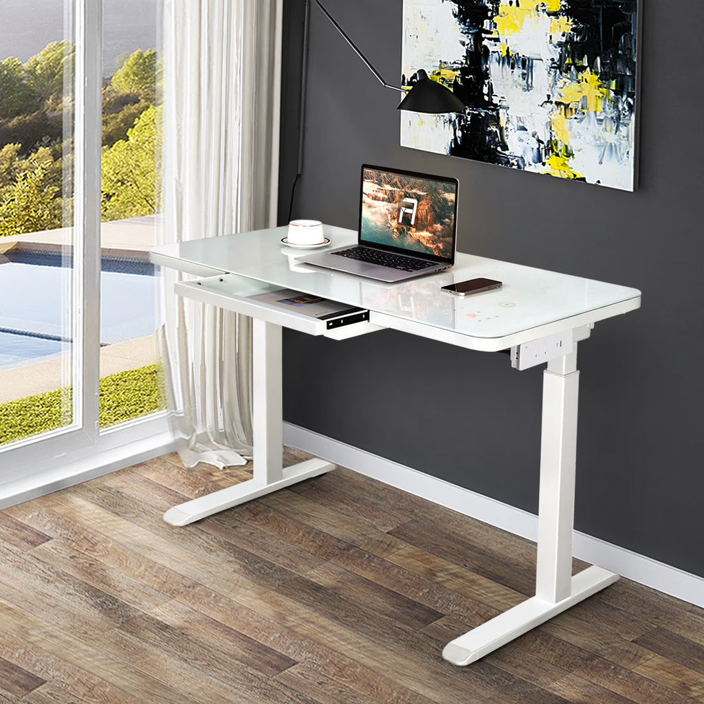 White Glass Standing Desk with Drawer I6269