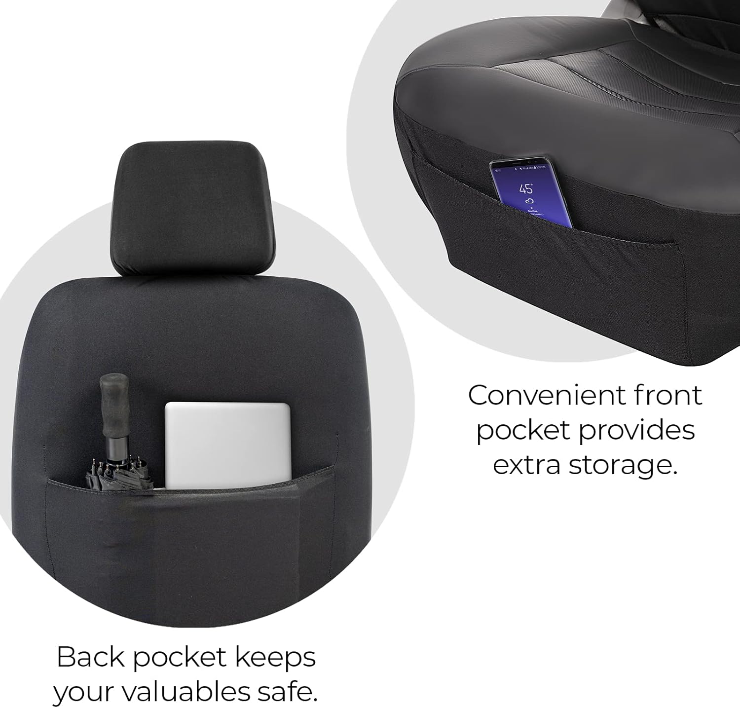 Black Faux Leather Car Seat Cover with Carbon Fiber Pattern Accent, Pack of 2 N582917