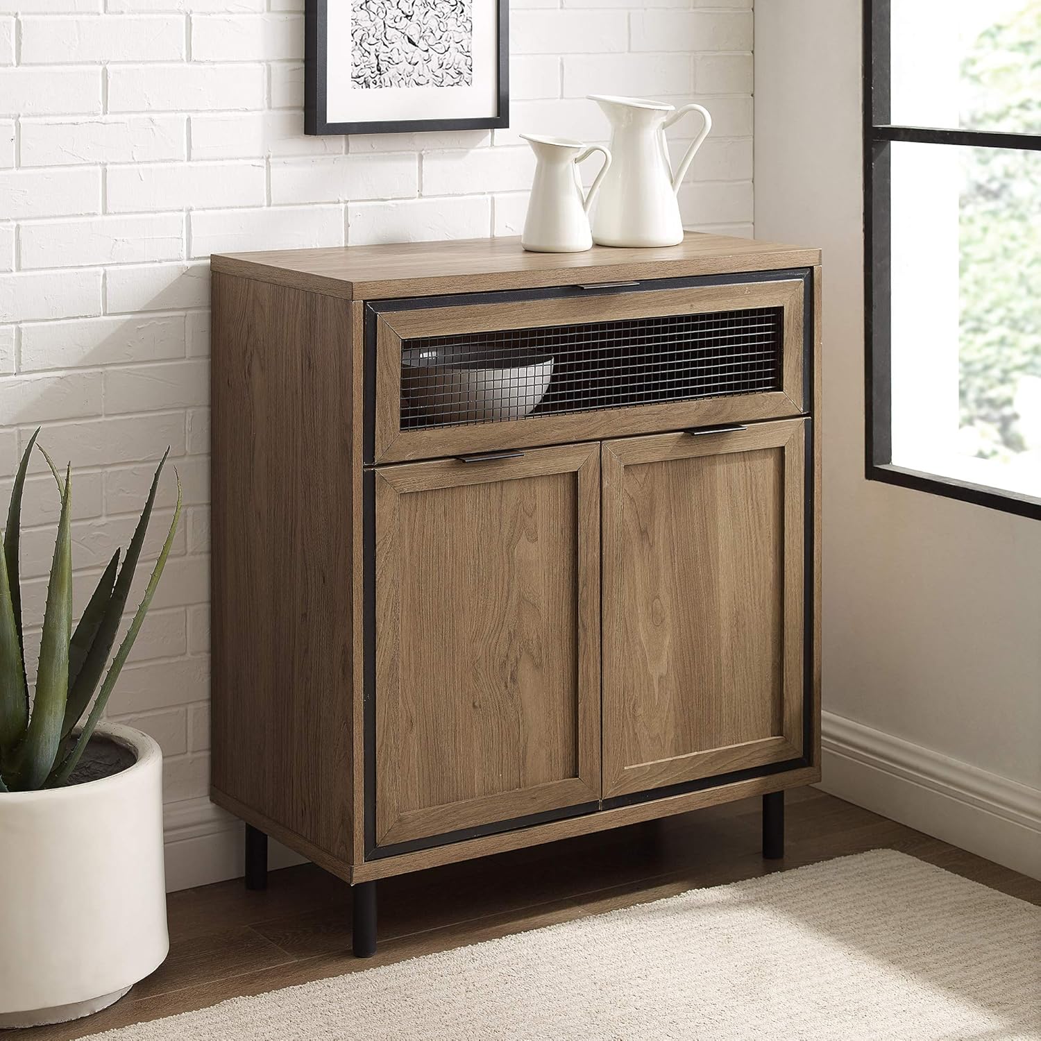 Rustic Oak 48 Inch Metal Mesh and Wood Corner TV Stand with Open Shelves Cabinet Doors Y927121
