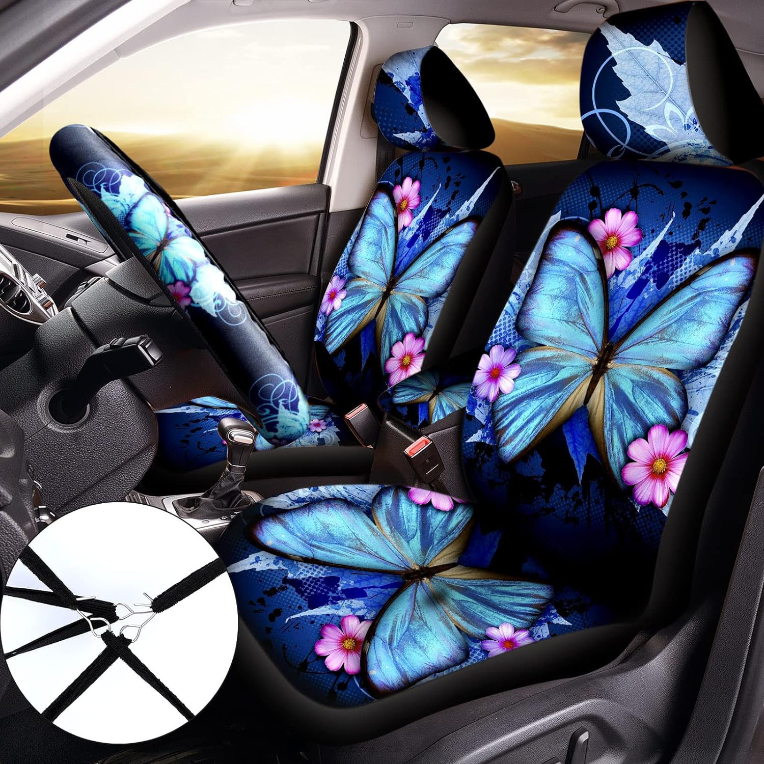 15 Pieces Butterfly Car Seat Covers Full Set with Steering Wheel Cover L62516