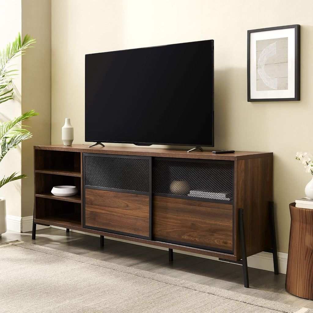 Rustic Oak 48 Inch Metal Mesh and Wood Corner TV Stand with Open Shelves Cabinet Doors Y927121