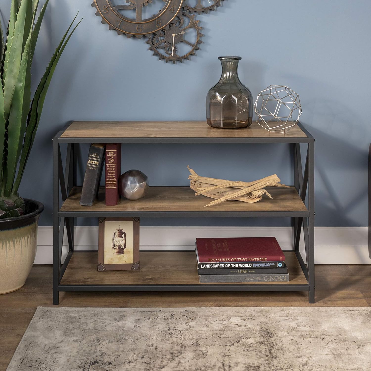 4 Tier Grey Metal Wood Bookcase L612027