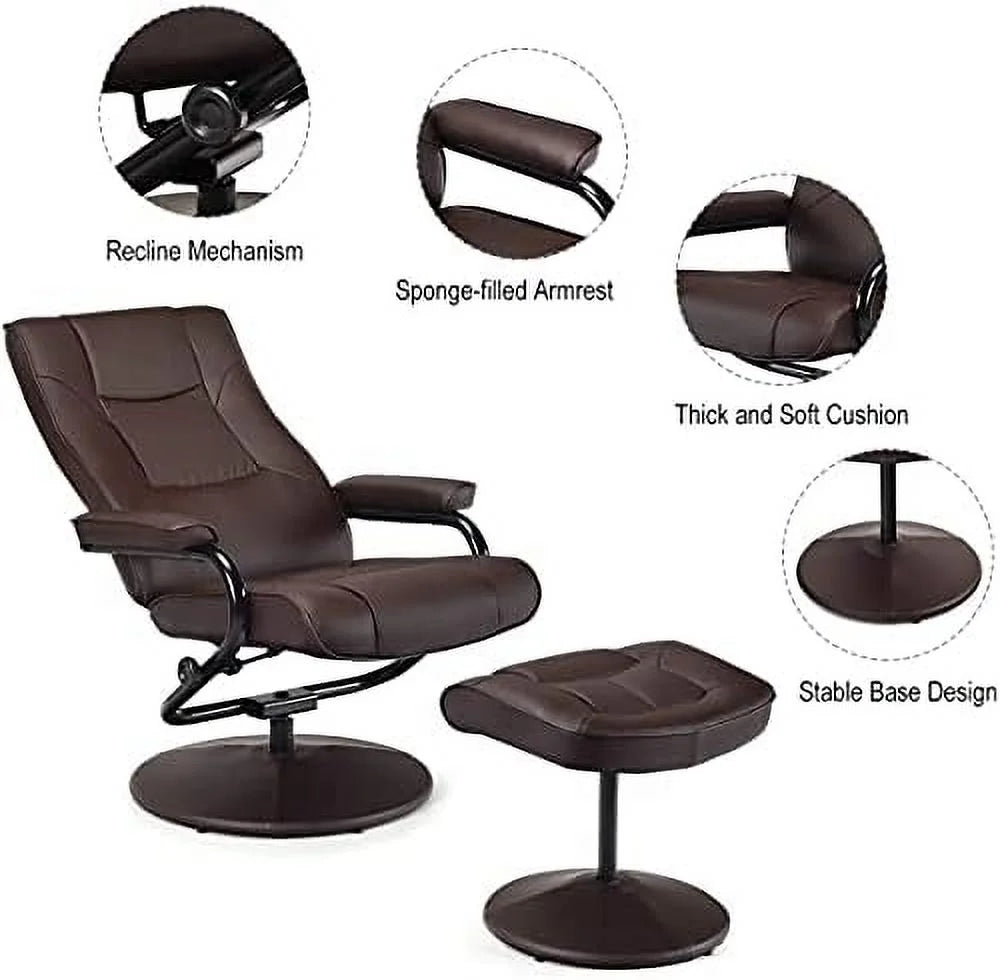 Brown PU Leather Swivel Recliner Chair with Footrest Ottoman Set U22472
