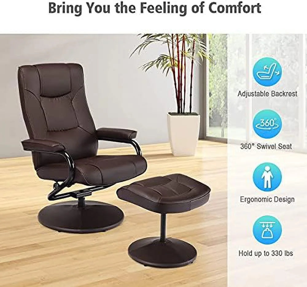 Brown PU Leather Swivel Recliner Chair with Footrest Ottoman Set U22472