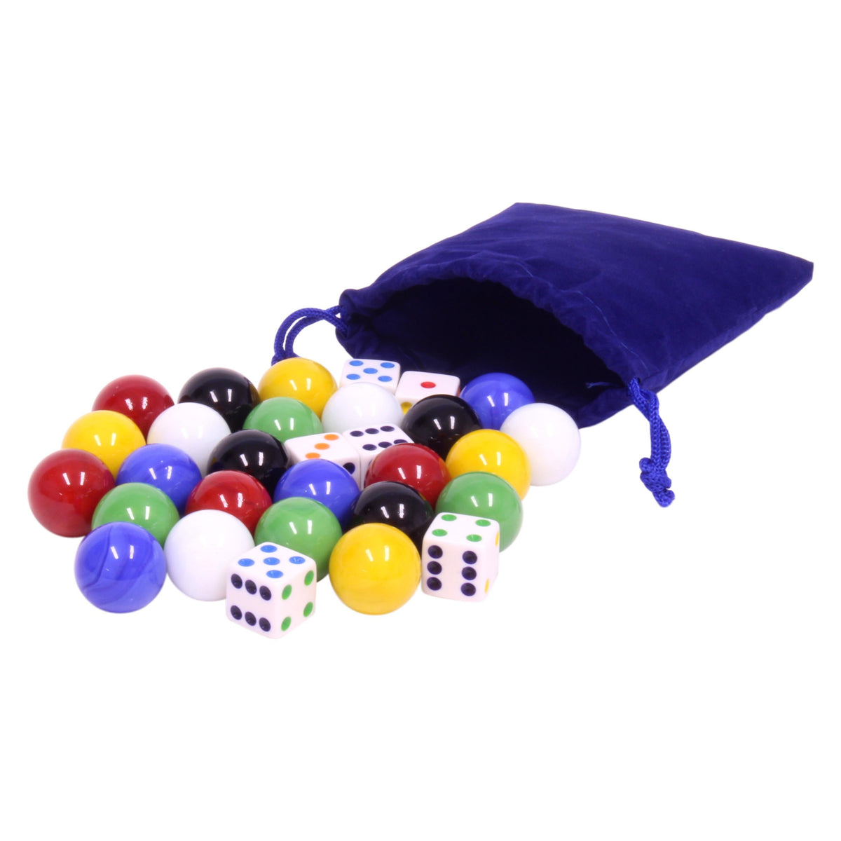 Game Bag of 24 Large Glass Marbles and 6 Dice A29484