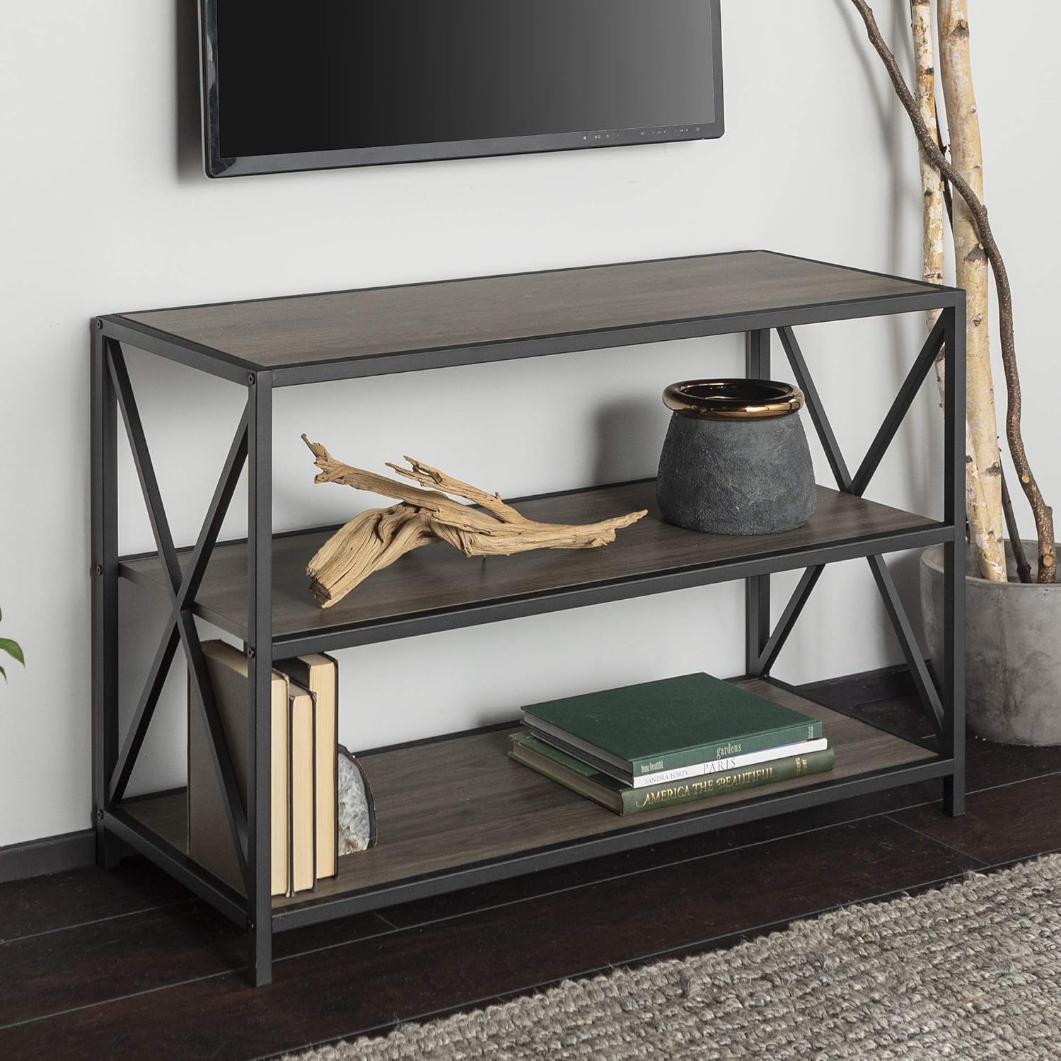 4 Tier Grey Metal Wood Bookcase L612027