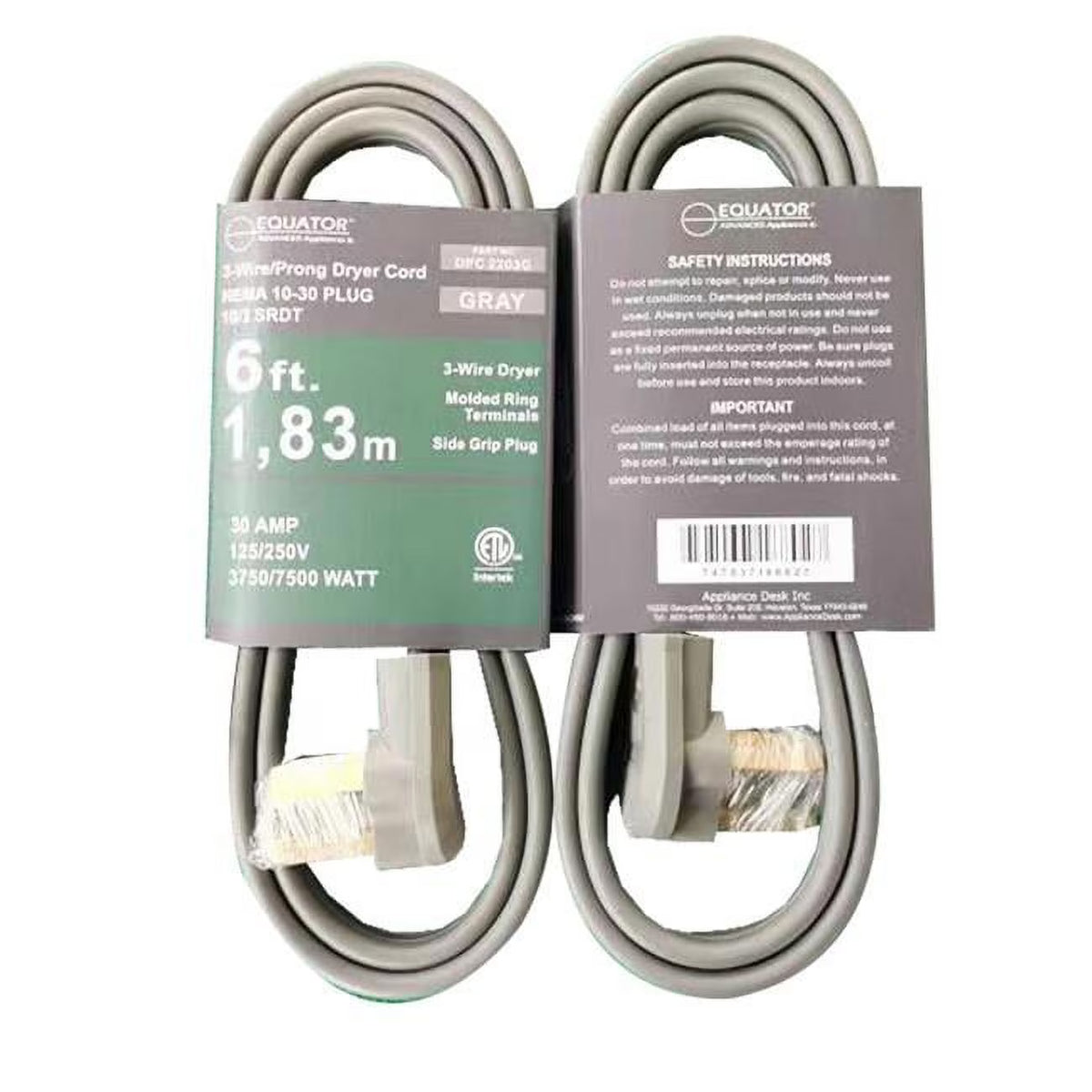 30A 6 ft 3-Prong Dryer Power Cord Grey D55859