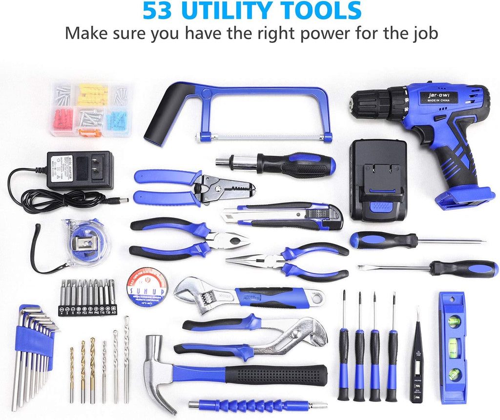 21V Cordless Drill Power Tools Combo Kit with 112Pcs Hand DIY Tool Set, Blue, Pack of 2 M153295