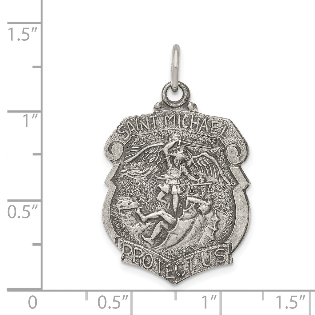 Antiqued St. Michael Badge Medal Pendant with Sterling Silver Rope Chain Necklace 18'' Z23872