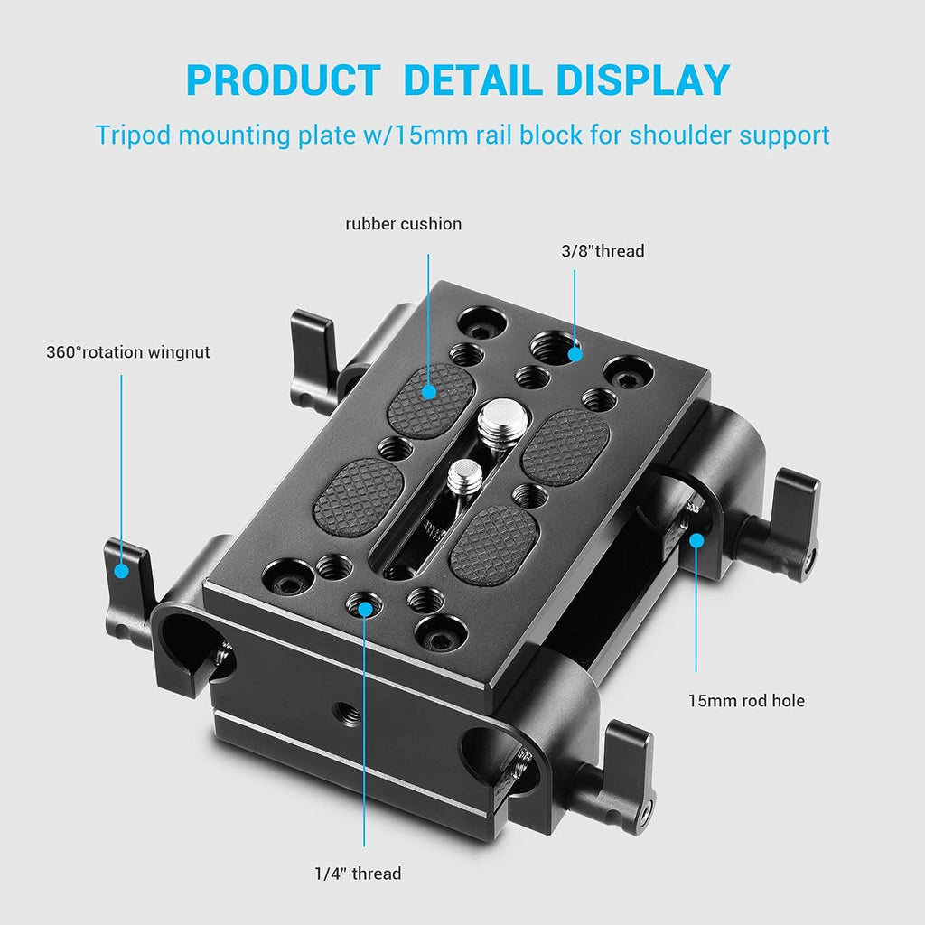 Camera Tripod Mounting Baseplate with 15mm Rod Clamp Rail Block Q405