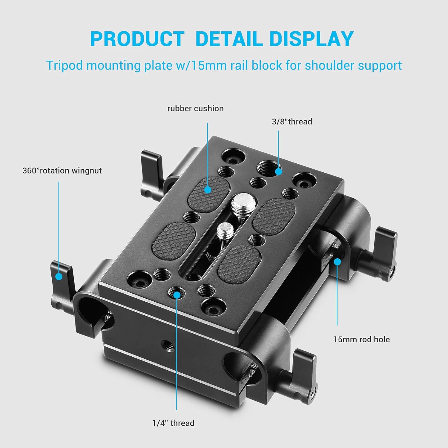 Camera Tripod Mounting Baseplate with 15mm Rod Clamp Rail Block Q405