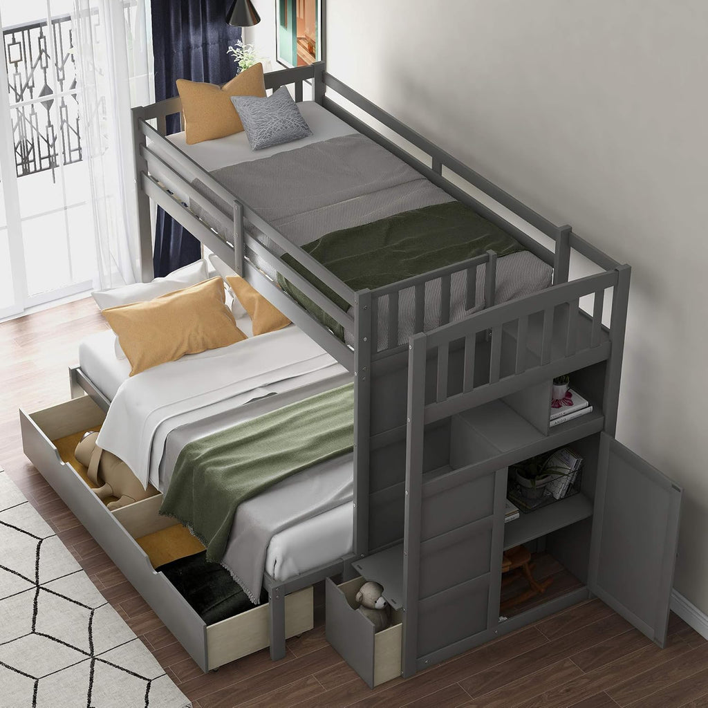 Twin Over Full Bunk Bed with Staircase and Drawers, Wooden A377