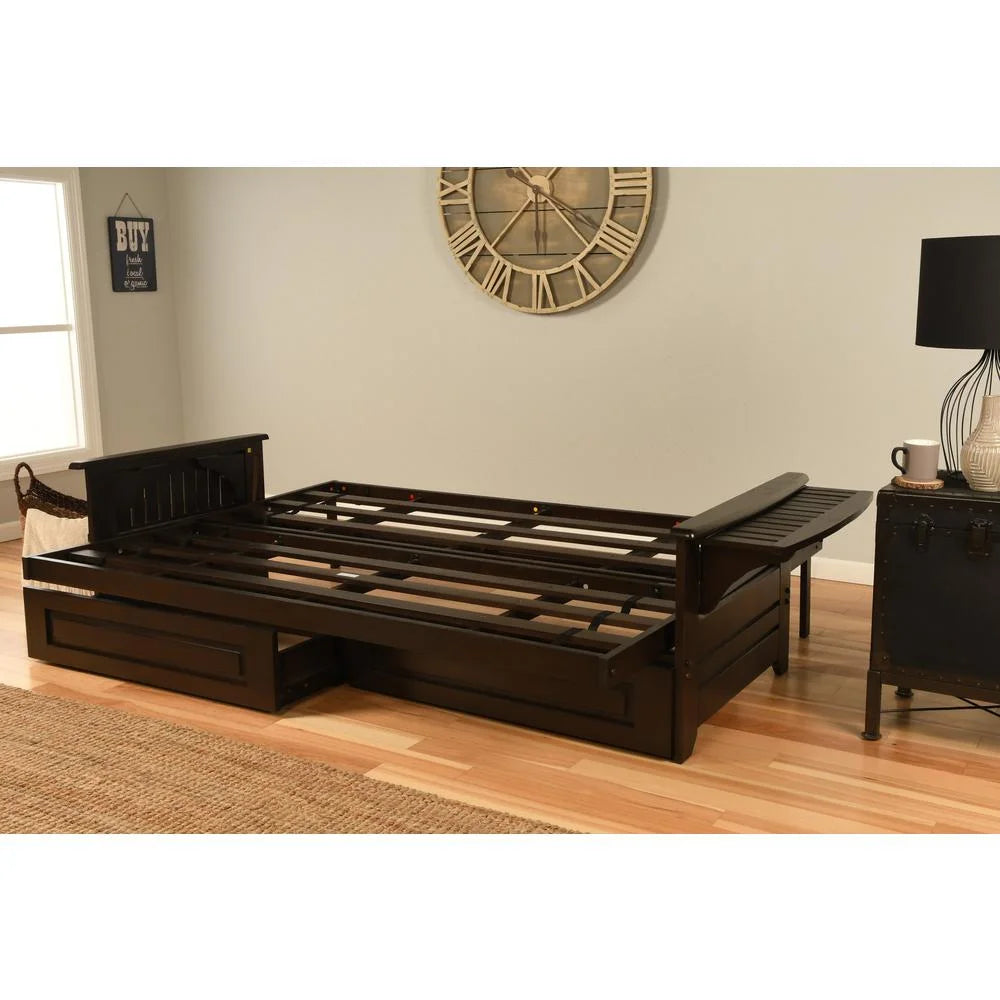 Queen Espresso Wood Storage Futon with Linen Cocoa Mattress M1153