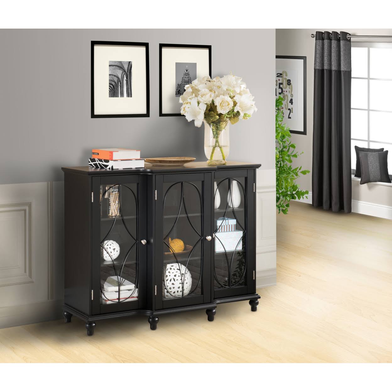 Black Wood Sideboard Buffet Console Table with Glass Cabinet Doors G293