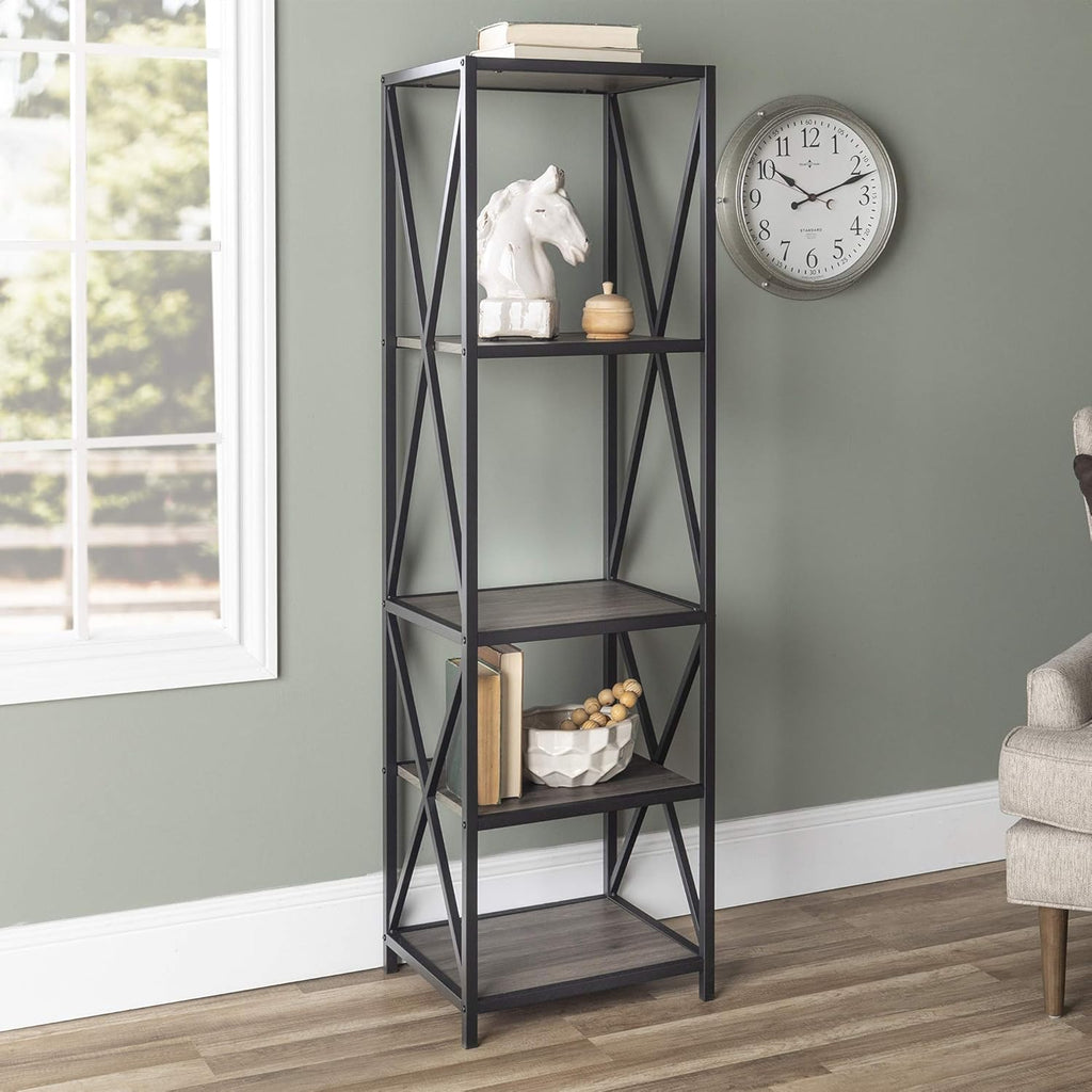 4 Tier Grey Metal Wood Bookcase L612027