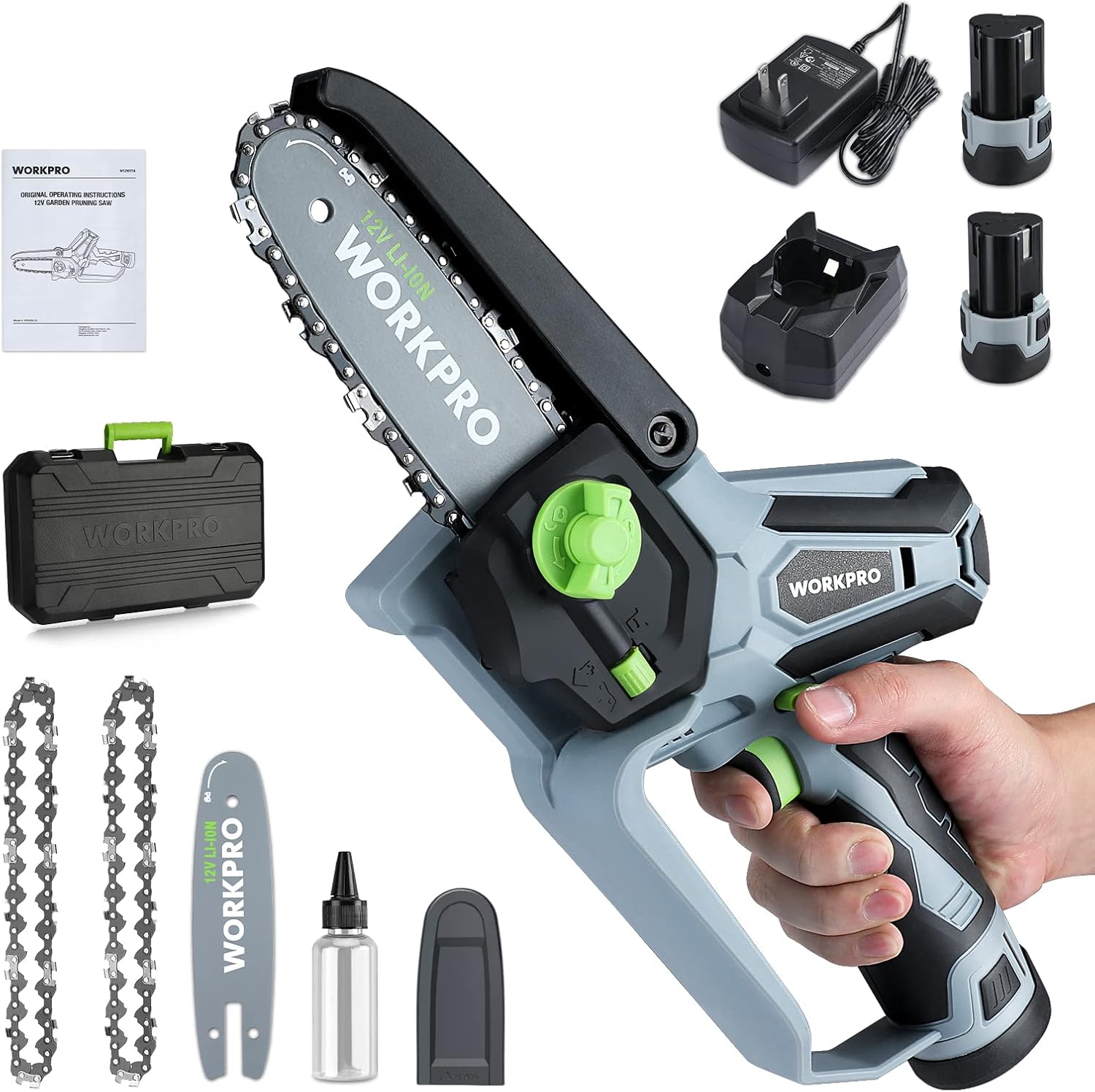 6" Cordless Mini Chainsaw with 2 Batteries and Replacement Guide Bar B615577