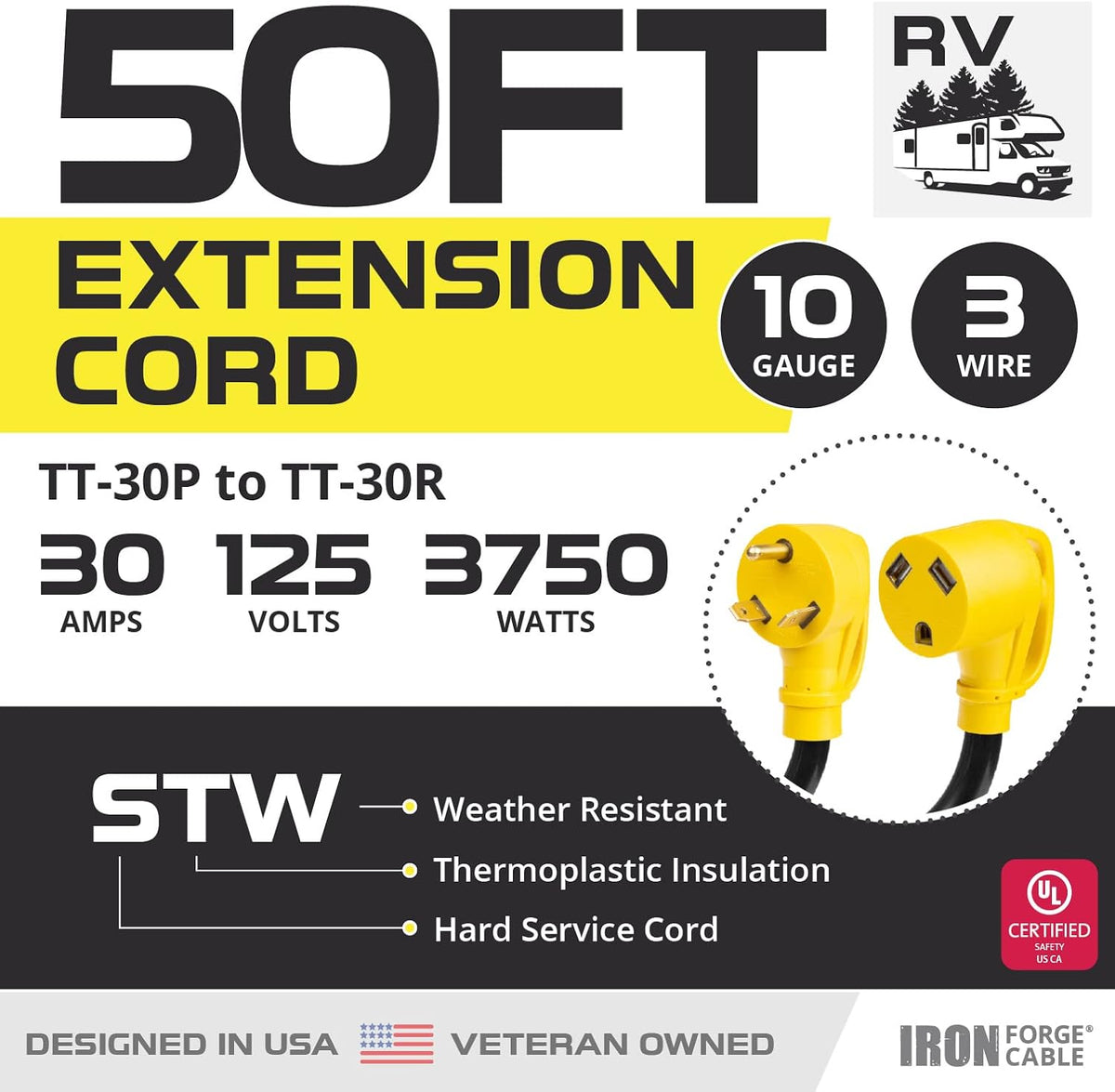 30 Amp RV Extension Cord 15 Ft 10/3 STW TT-30P to NEMA L5-30R 125v Power Cord Pack of 2 I852