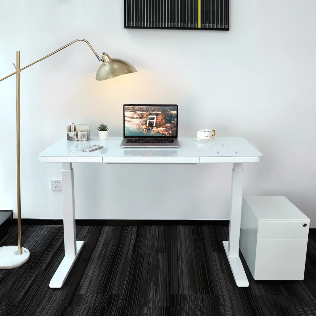 White Glass Standing Desk with Drawer I6269
