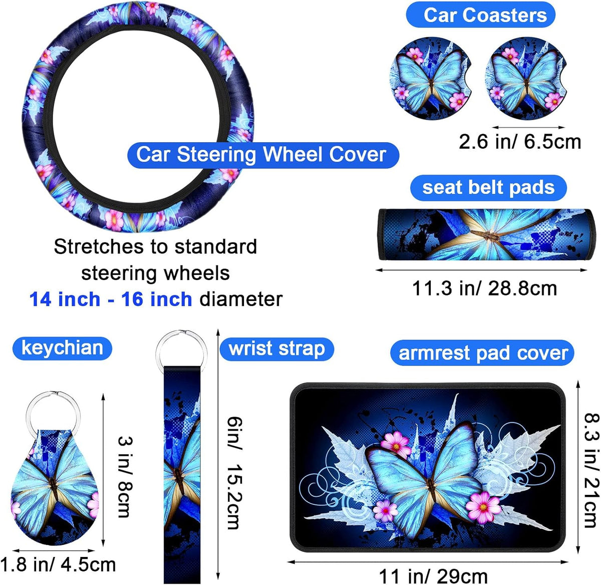 15 Pieces Butterfly Car Seat Covers Full Set with Steering Wheel Cover L62516