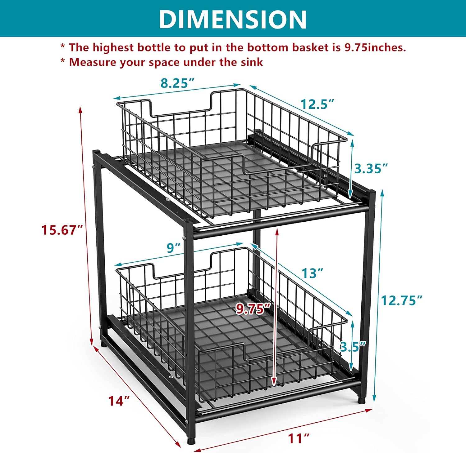 Black Stackable 2-Tier Kitchen Cabinet Organizer with Sliding Storage Basket Drawers F878456