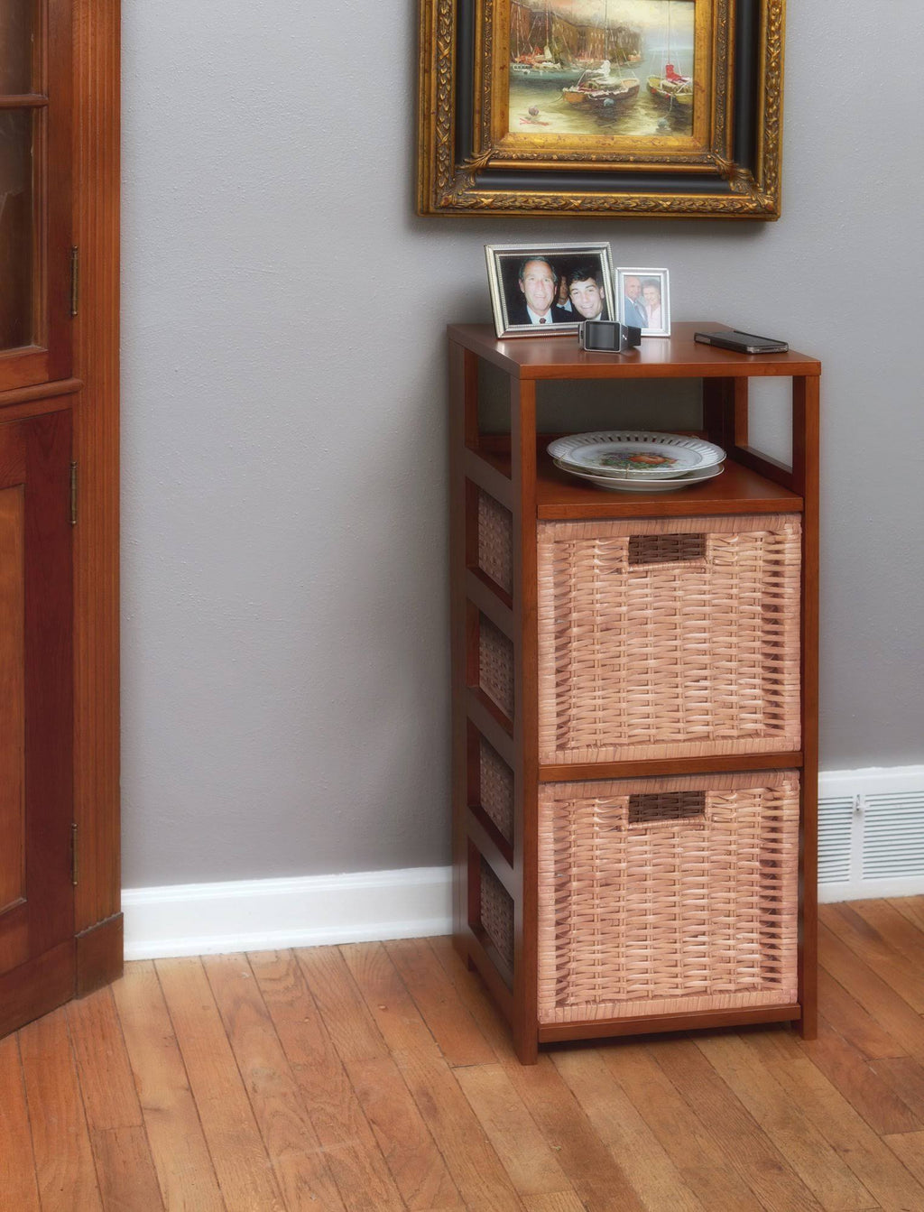Square Folding Bookcase with 2 Full Size Wicker Storage Baskets O924