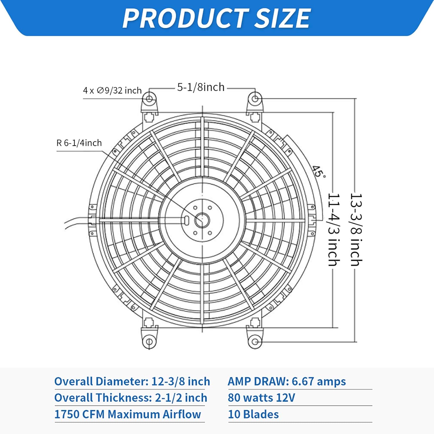 2x12 Inch Electric Radiator Cooling Fan with Mounting Kit 1750 CFM 12 Volts 80 Watts Pack of 2 X917