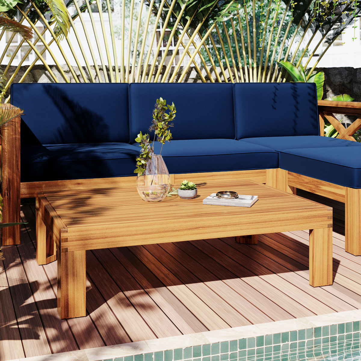 5 Piece Wood Patio Furniture Set with Blue Cushions and Coffee Table X55390