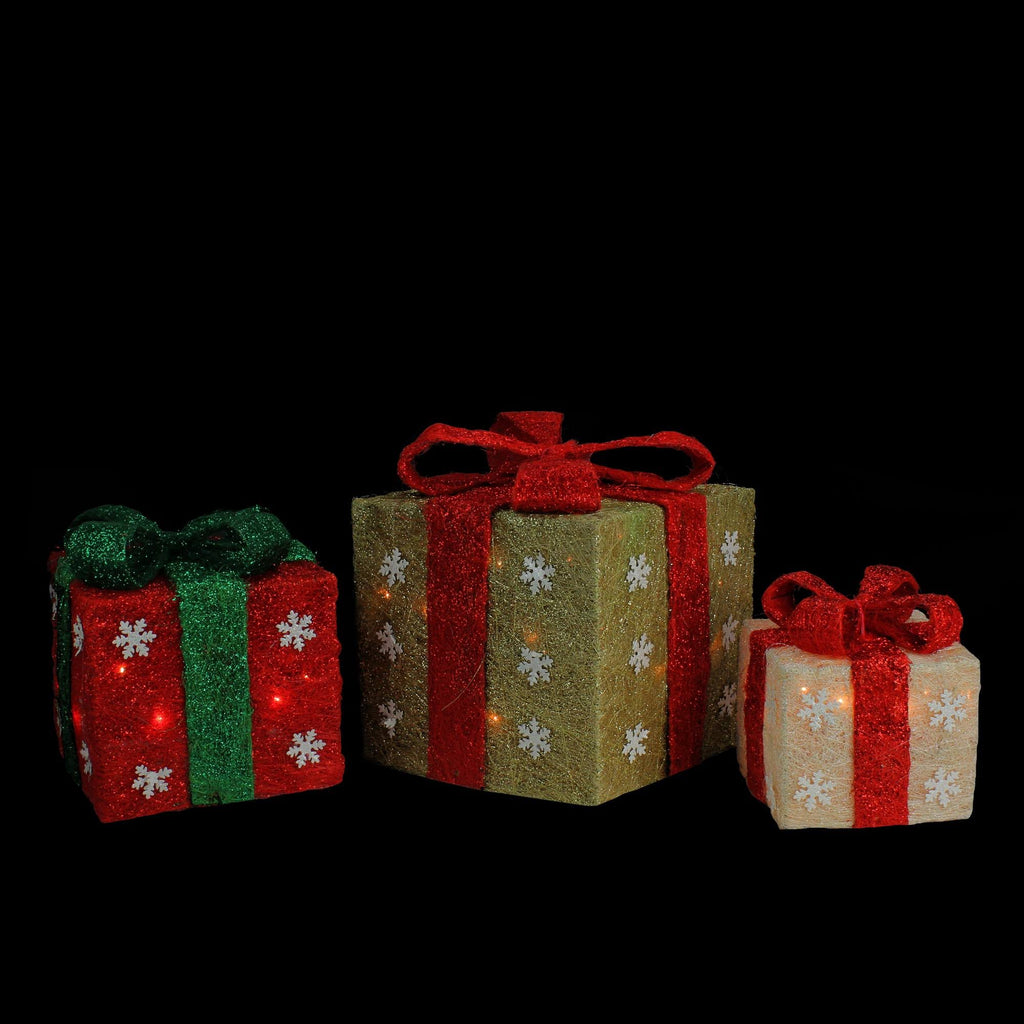 Set of 3 Lighted Gold Green and Cream Gift Boxes Christmas Yard Art Decorations E73258