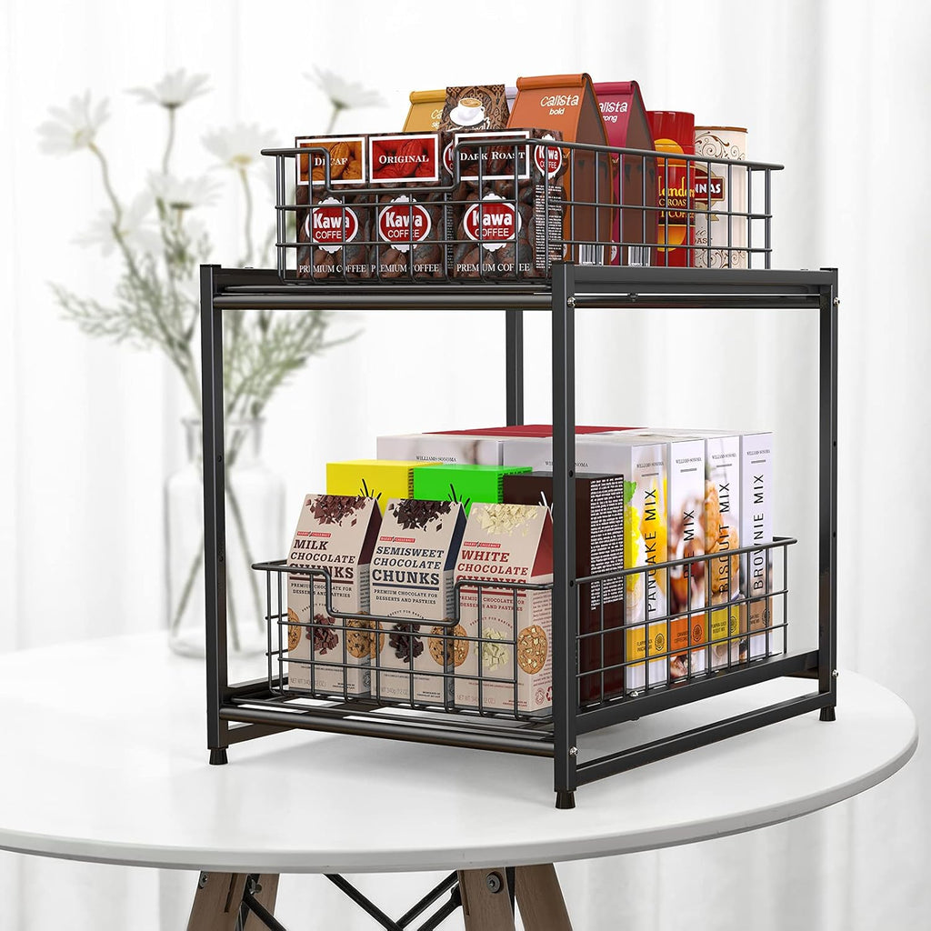 Black Stackable 2-Tier Kitchen Cabinet Organizer with Sliding Storage Basket Drawers F878456