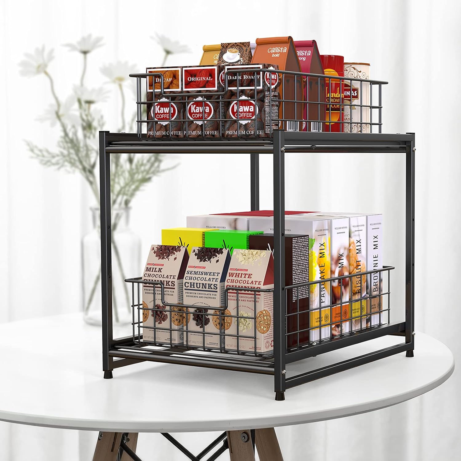 Black Stackable 2-Tier Kitchen Cabinet Organizer with Sliding Storage Basket Drawers F878456
