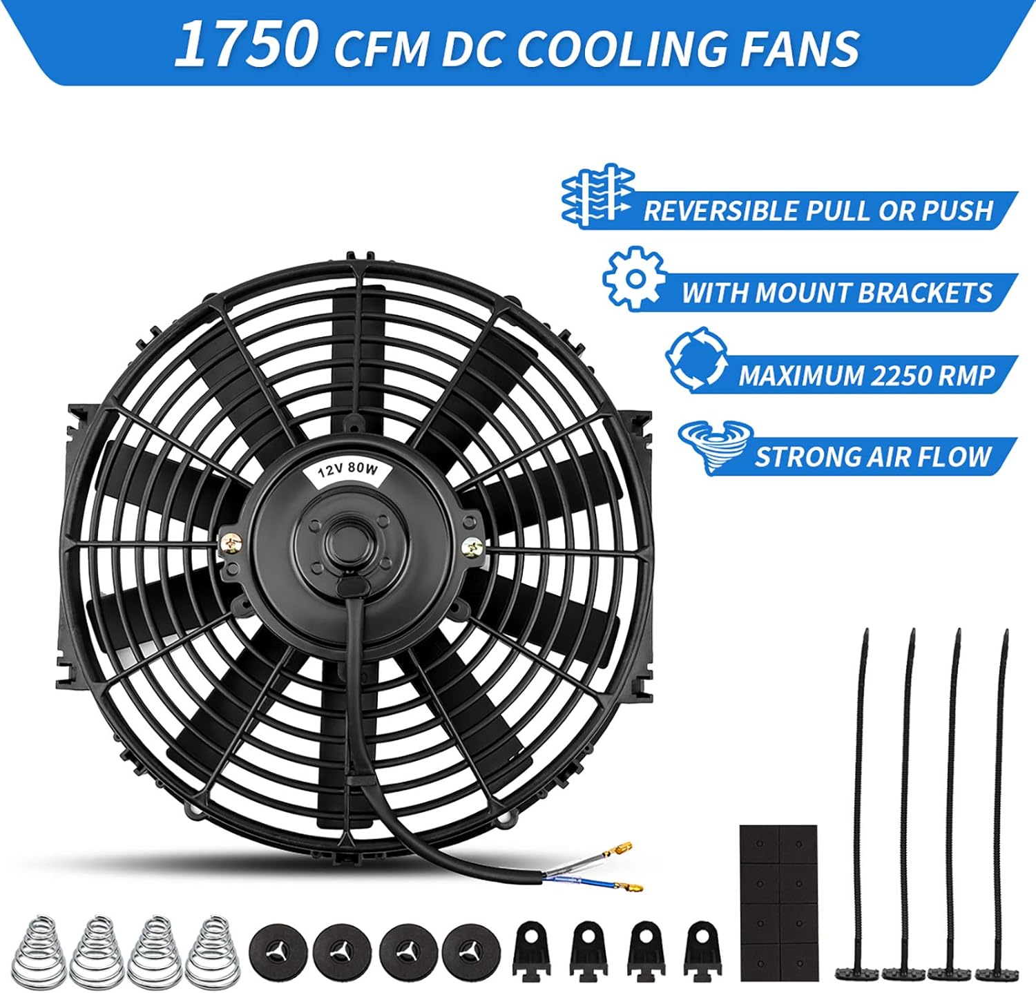 2x12 Inch Electric Radiator Cooling Fan with Mounting Kit 1750 CFM 12 Volts 80 Watts Pack of 2 X917