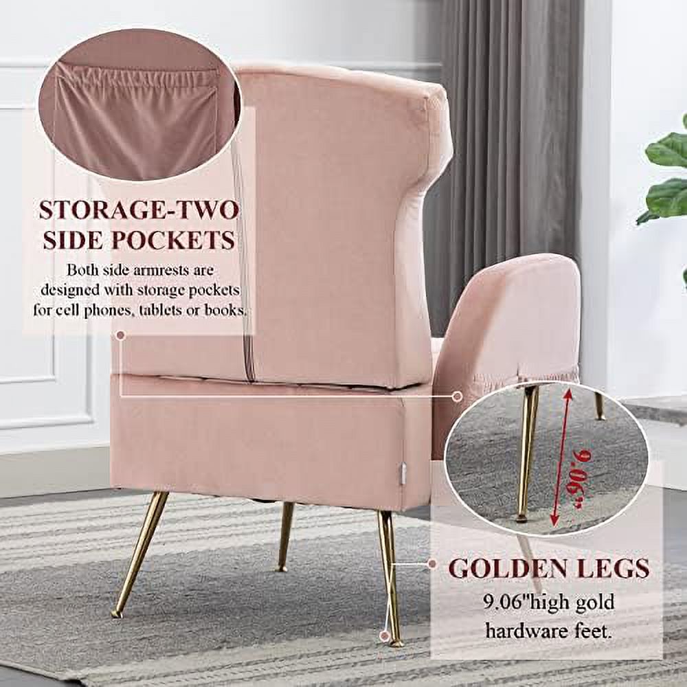 Brown Velvet Wing Back Accent Chair with Metal Gold Legs P90661