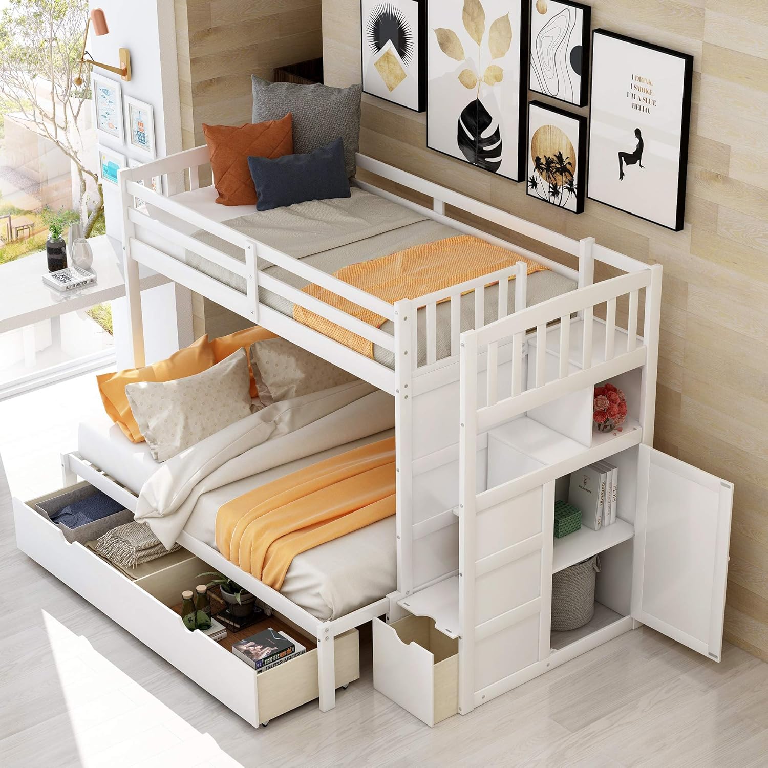 Twin Over Full Bunk Bed with Staircase and Drawers, Wooden A377