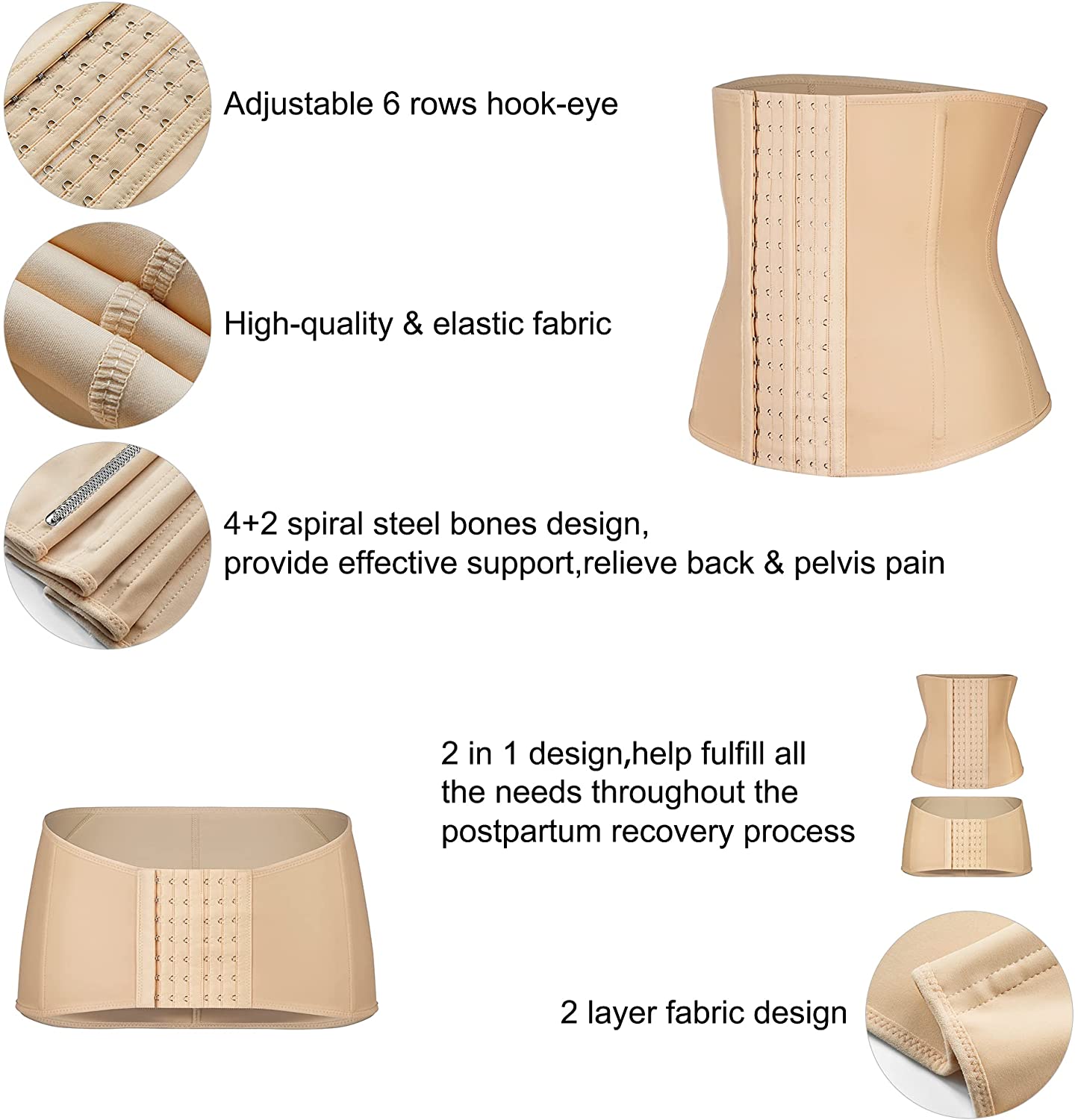 2 in 1 Postpartum Belly Wrap Girdle Pelvis Belt Waist Trainer Shapewear (Beige Small) P163639