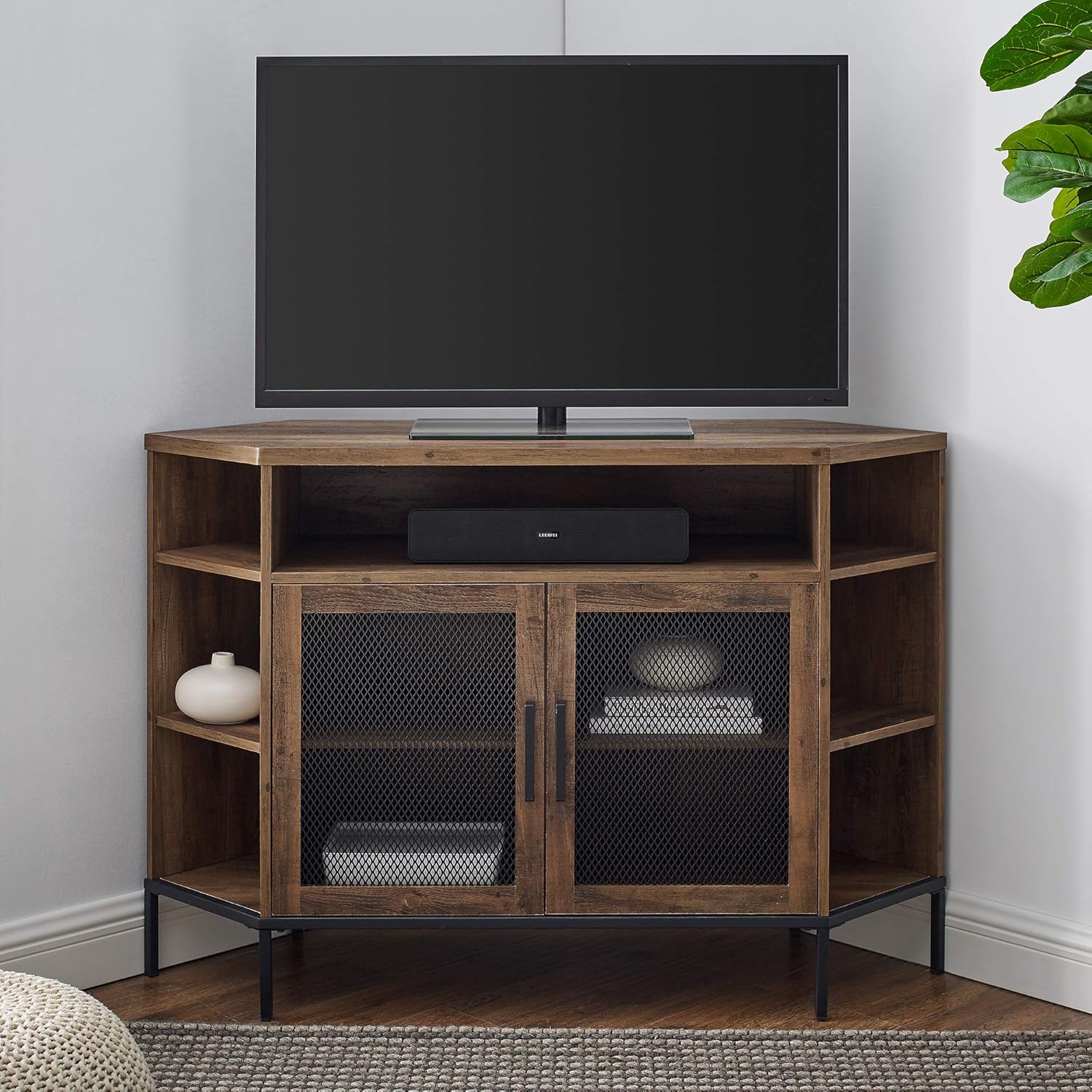 Rustic Oak 48 Inch Metal Mesh and Wood Corner TV Stand with Open Shelves Cabinet Doors Y927121