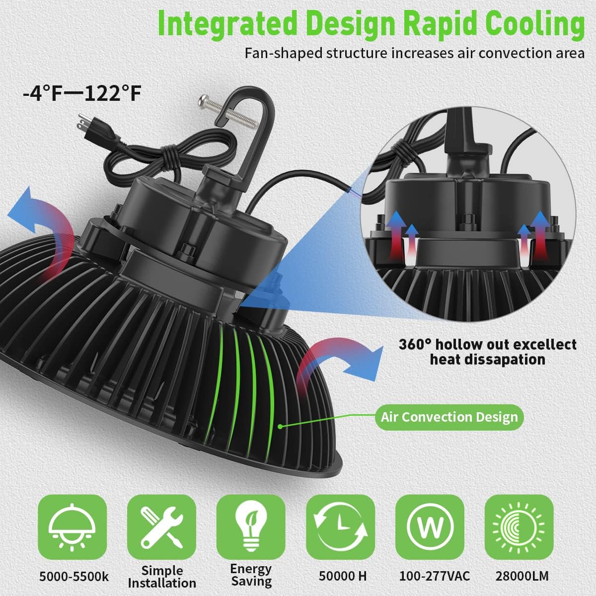 200W Dimmable LED High Bay Light, 28000LM, 100-277V, 5000-5500K, IP65 Waterproof H9134