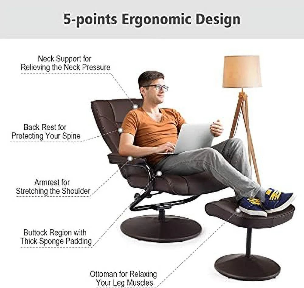 Brown PU Leather Swivel Recliner Chair with Footrest Ottoman Set U22472