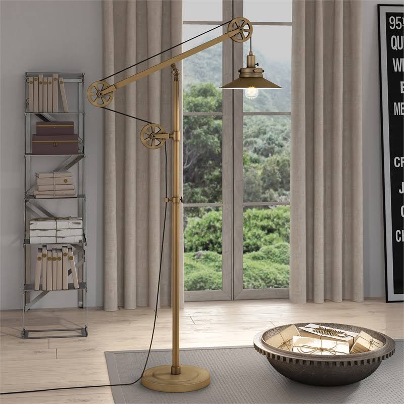 Brushed Brass Wide Brim Floor Lamp with Pulley System M2067