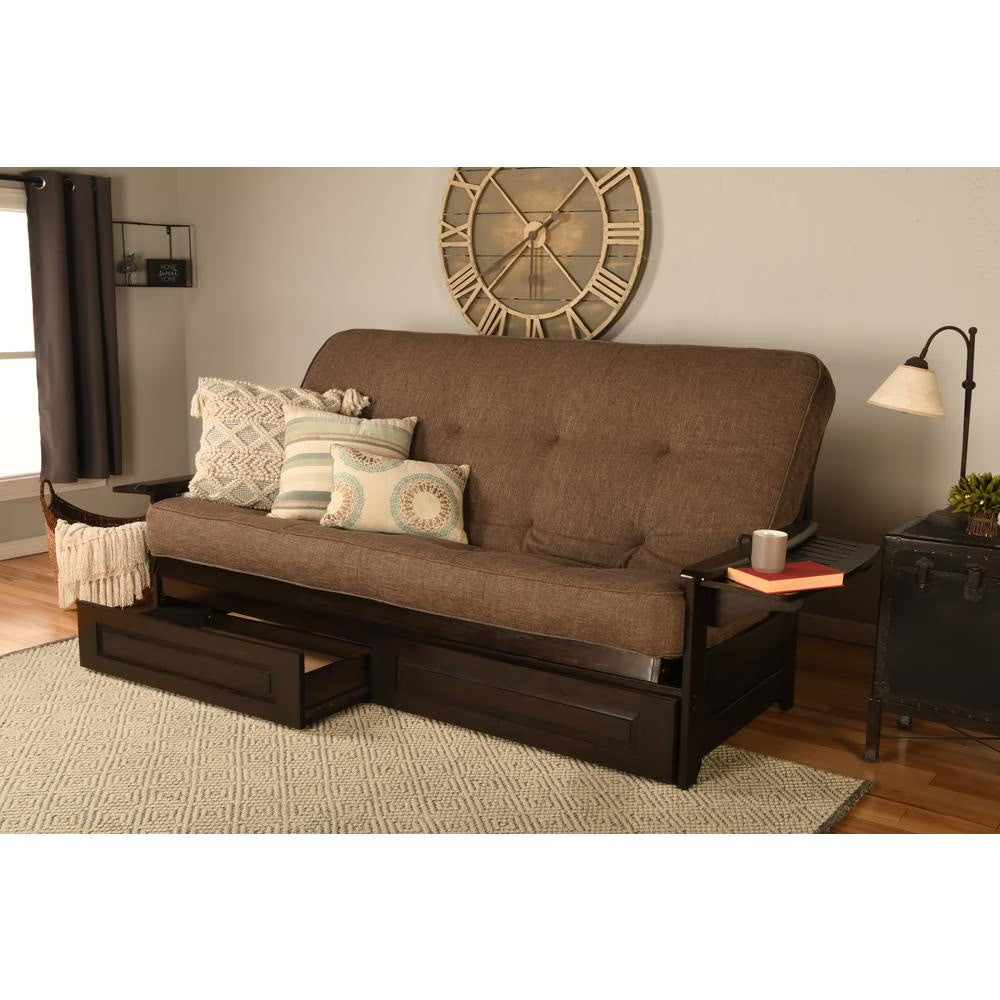 Queen Espresso Wood Storage Futon with Linen Cocoa Mattress M1153