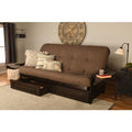 Queen Espresso Wood Storage Futon with Linen Cocoa Mattress M1153
