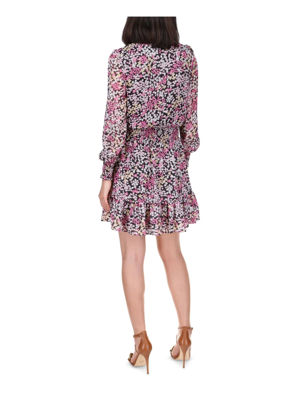 Black Smocked Ruffled Floral Long Sleeve Surplice Neckline Faux Wrap Dress D58443