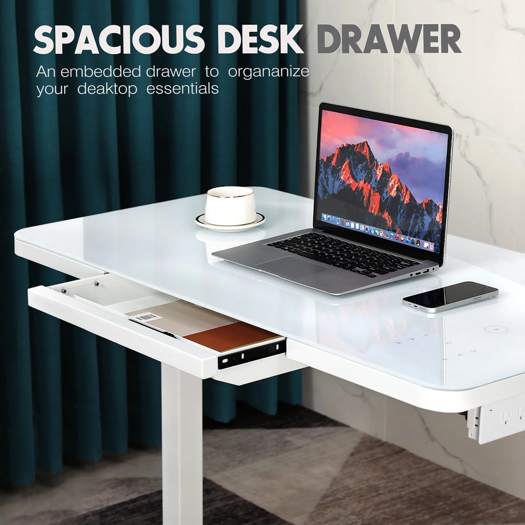 White Glass Standing Desk with Drawer I6269